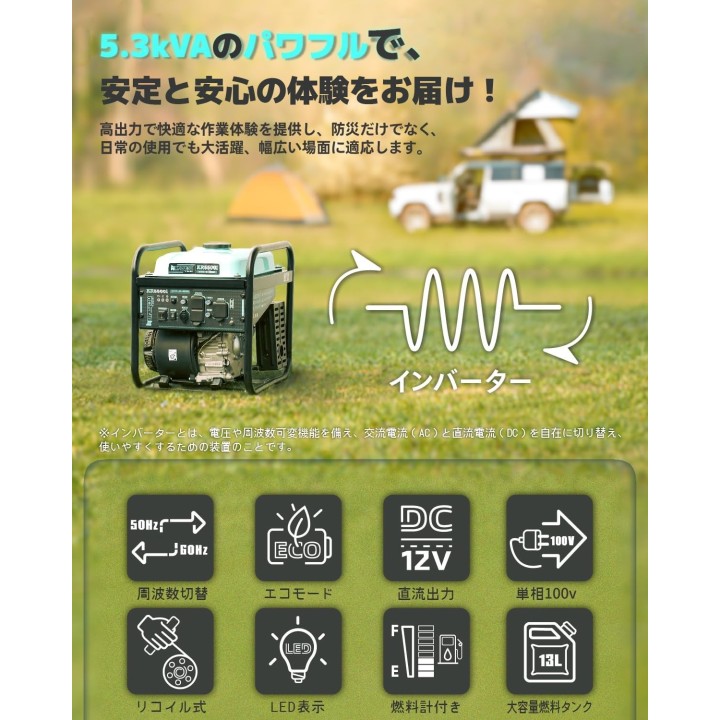 インバーター発電機 4.8kVA｜高性能ガソリン発電機レンタル【低騒音・正弦波・非常用電源】