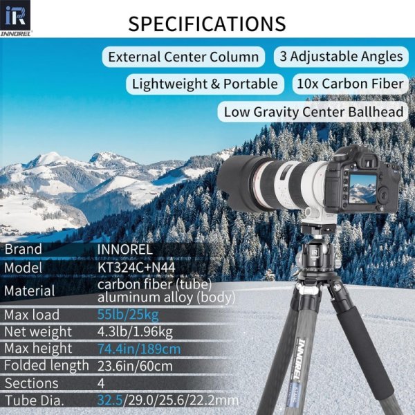 INNOREL カメラ 三脚 カーボン 一眼レフ三脚 25KG最大耐荷重 4段伸縮 18-189CM 九州・福岡レンタル